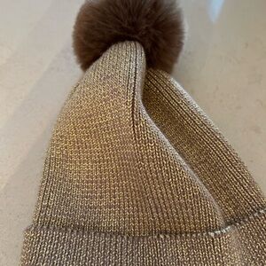 Metallic gold and taupe beanie with fur Pom